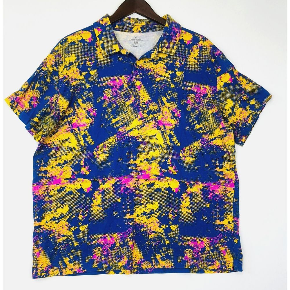 Fabletics Polo Shirt Size XL Spraypaint Graphic 24/7 Modal Yellow Short Sleeve‎